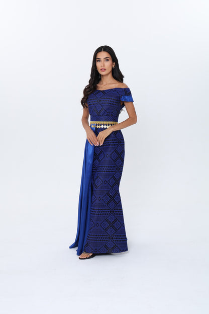 Zain Royal Blue & Black Off Shoulder Dress