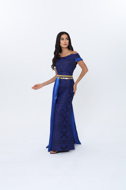 Zain Royal Blue & Black Off Shoulder Dress