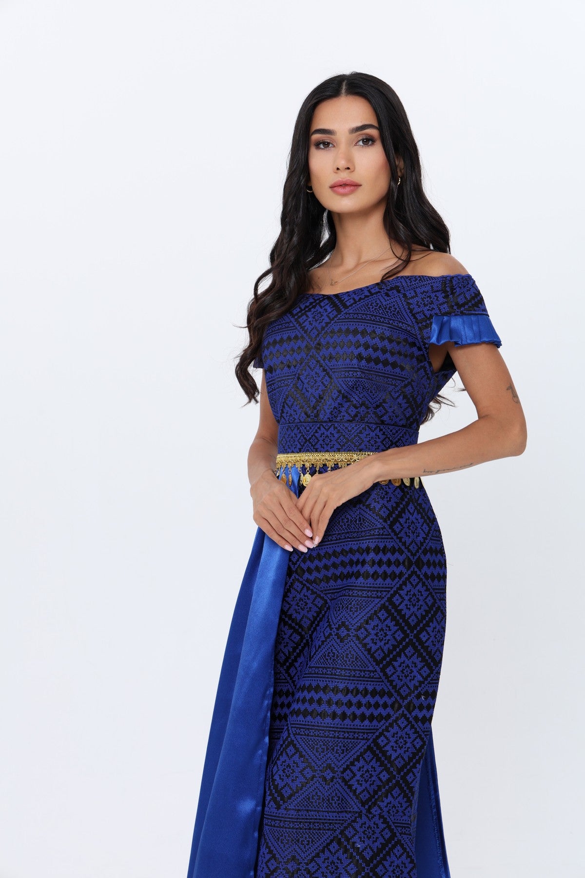 Zain Royal Blue & Black Off Shoulder Dress
