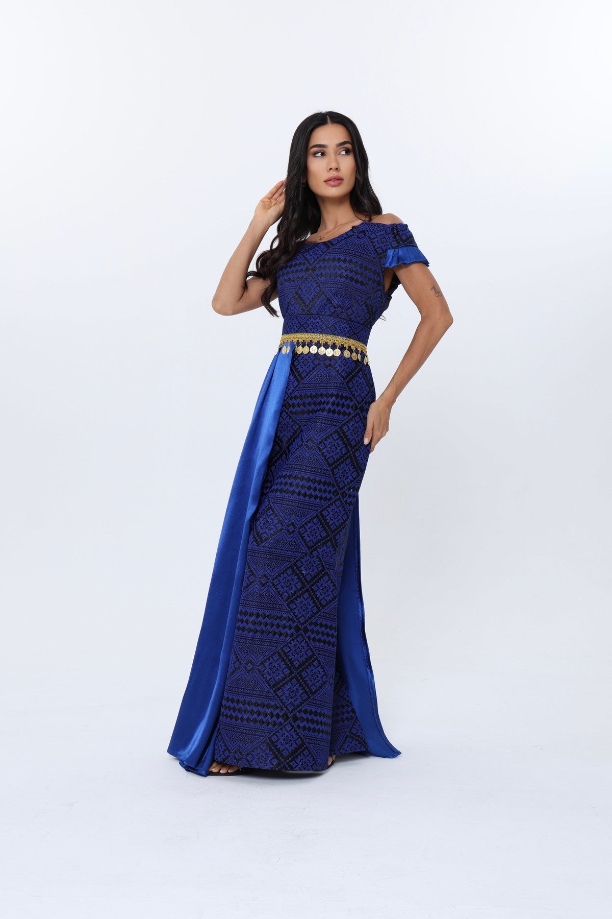 Zain Royal Blue & Black Off Shoulder Dress