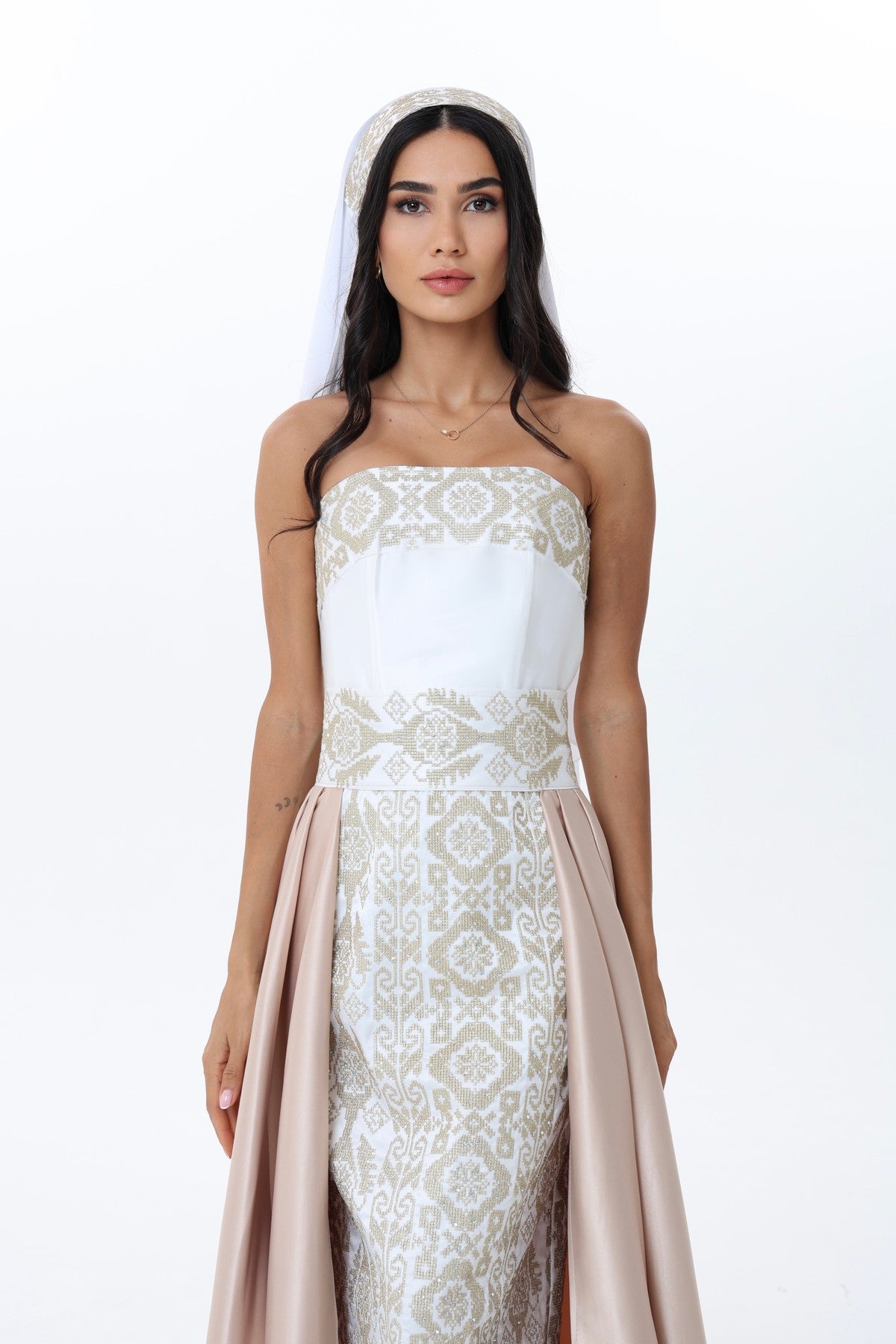 Lulwa Pearl & White Strapless Dress