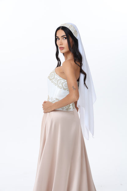 Lulwa Pearl & White Strapless Dress