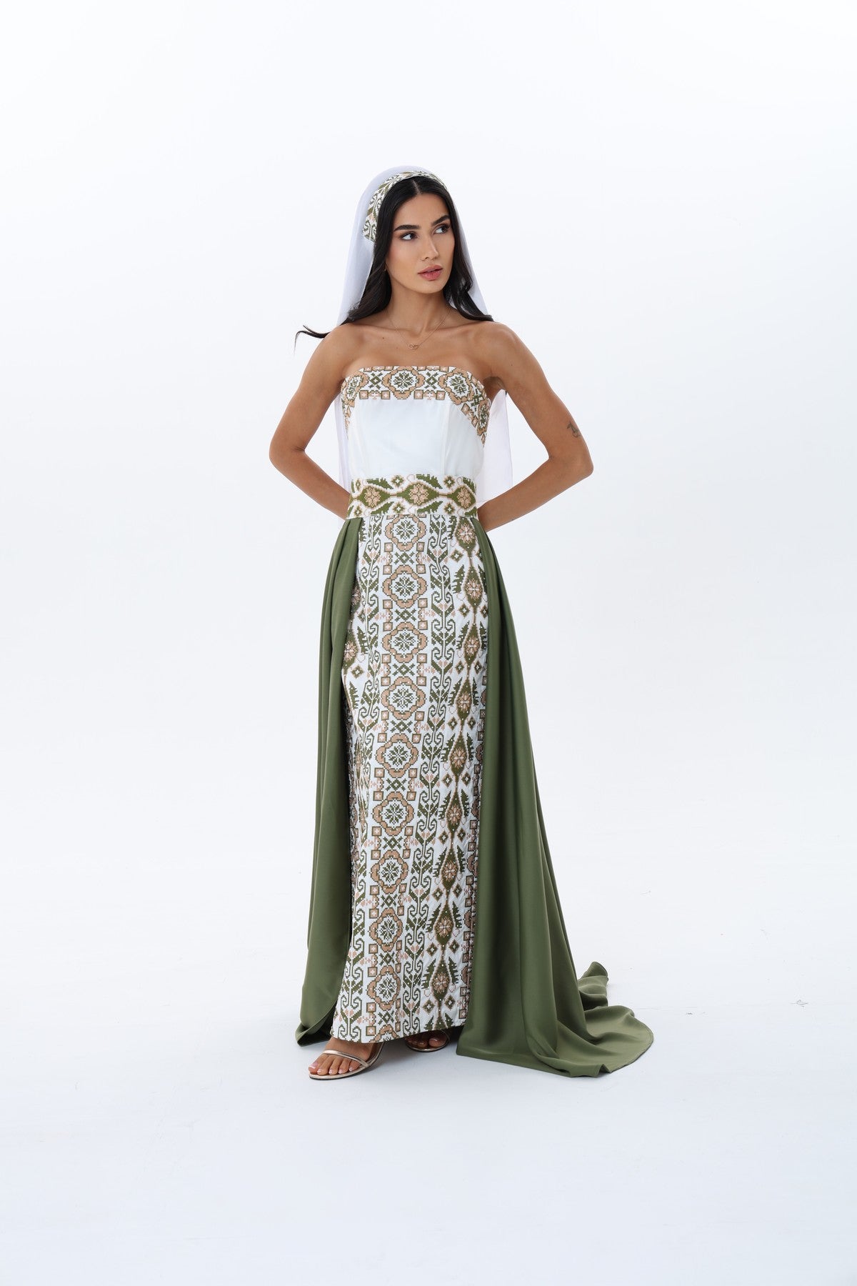 Rihan Olive & White Strapless Dress