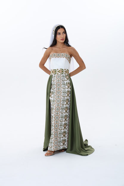 Rihan Olive & White Strapless Dress