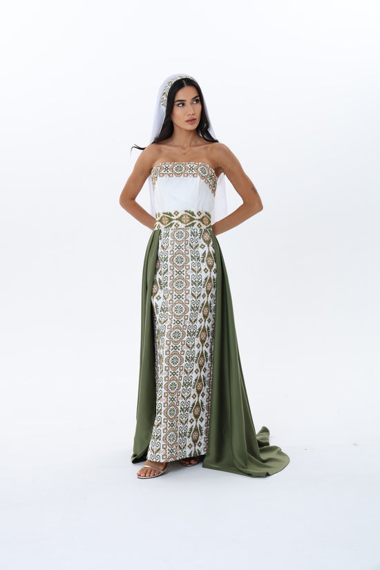 Rihan Olive & White Strapless Dress