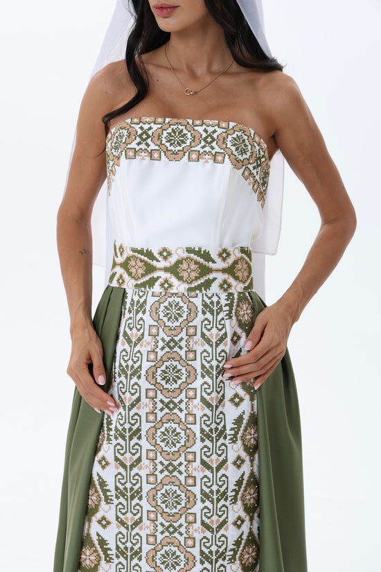 Rihan Olive & White Strapless Dress