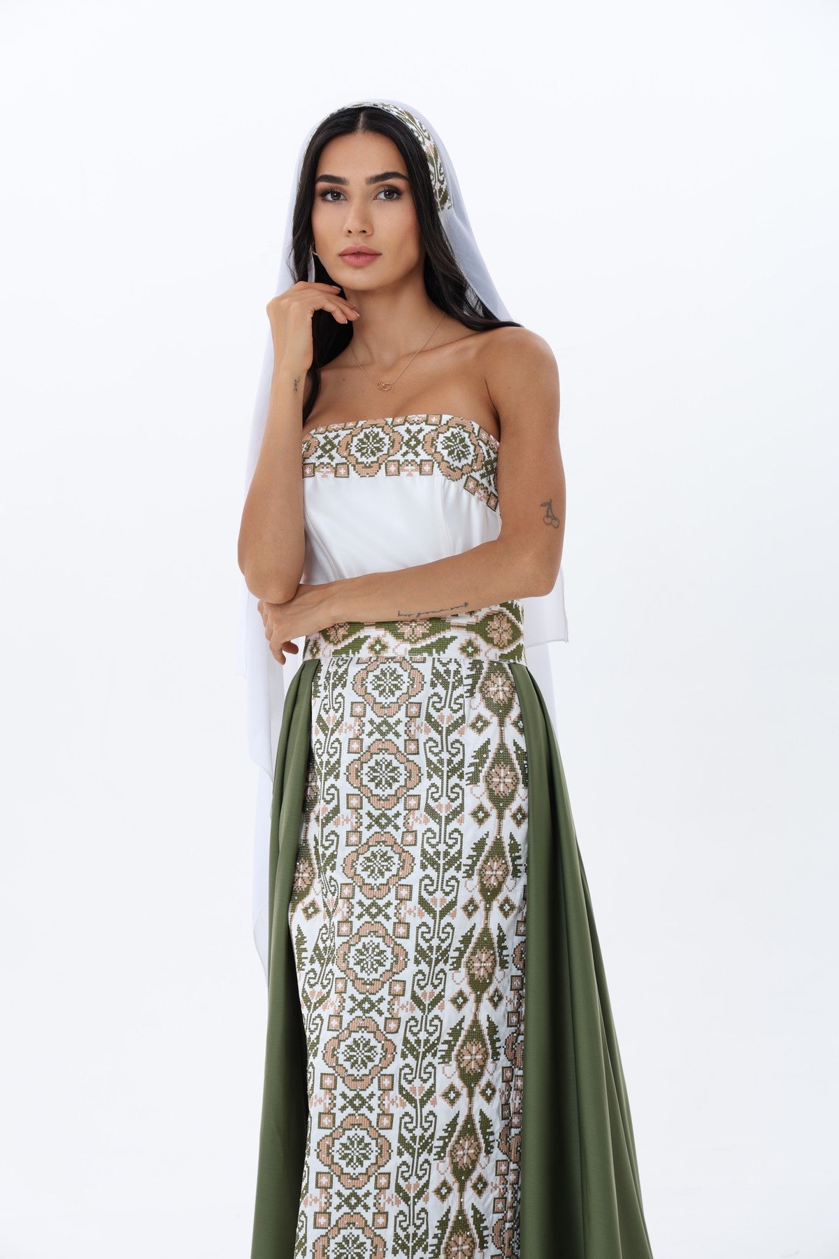 Rihan Olive & White Strapless Dress