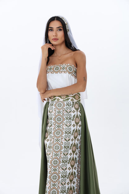 Rihan Olive & White Strapless Dress