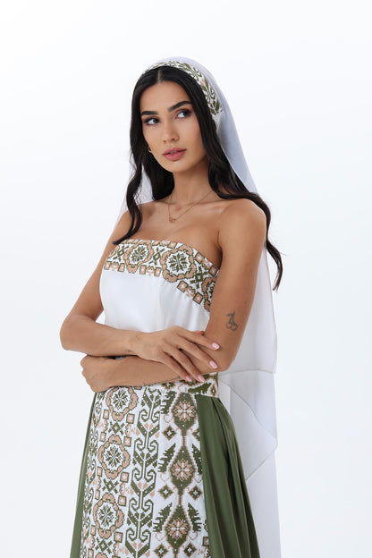 Rihan Olive & White Strapless Dress