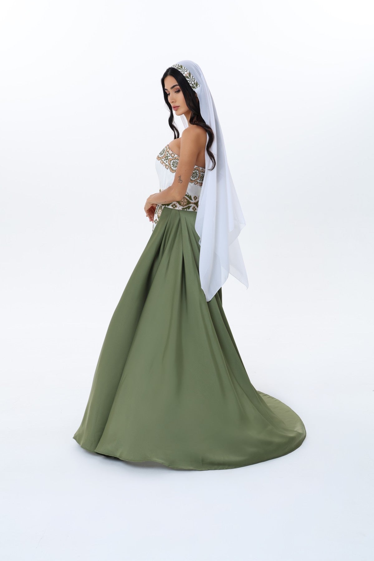 Rihan Olive & White Strapless Dress