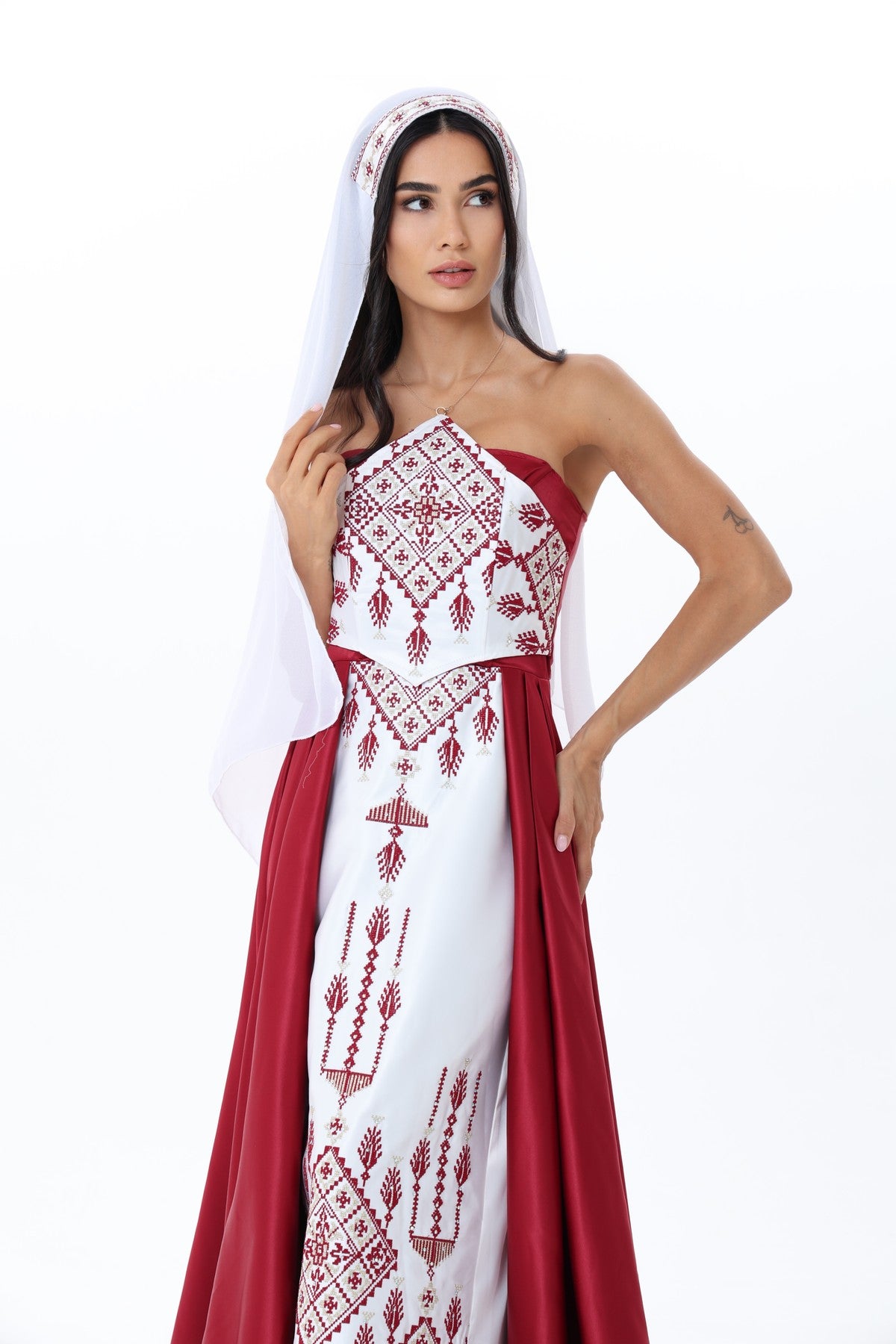 Yaqoot Burgundy & White Strapless Dress