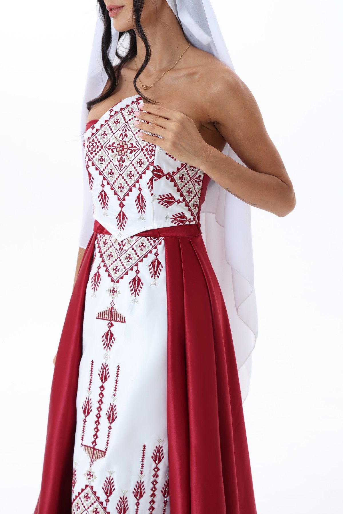 Yaqoot Burgundy & White Strapless Dress