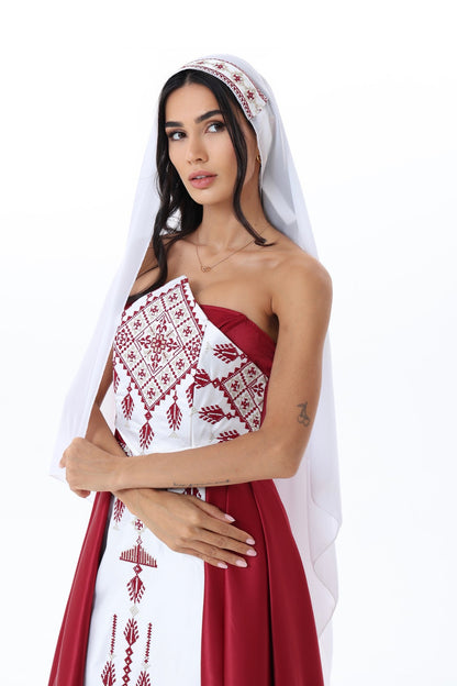 Yaqoot Burgundy & White Strapless Dress