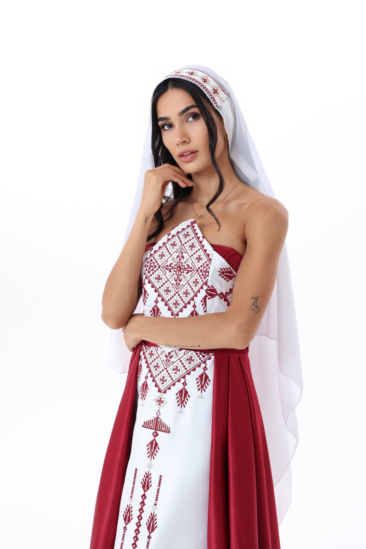 Yaqoot Burgundy & White Strapless Dress