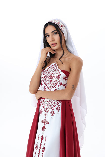 Yaqoot Burgundy & White Strapless Dress